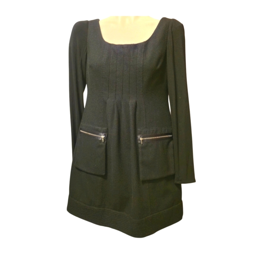 PHOEBE COUTURE Black Wool Mini Dress Zip Patch Pockets And Pintuck Detail Size 4